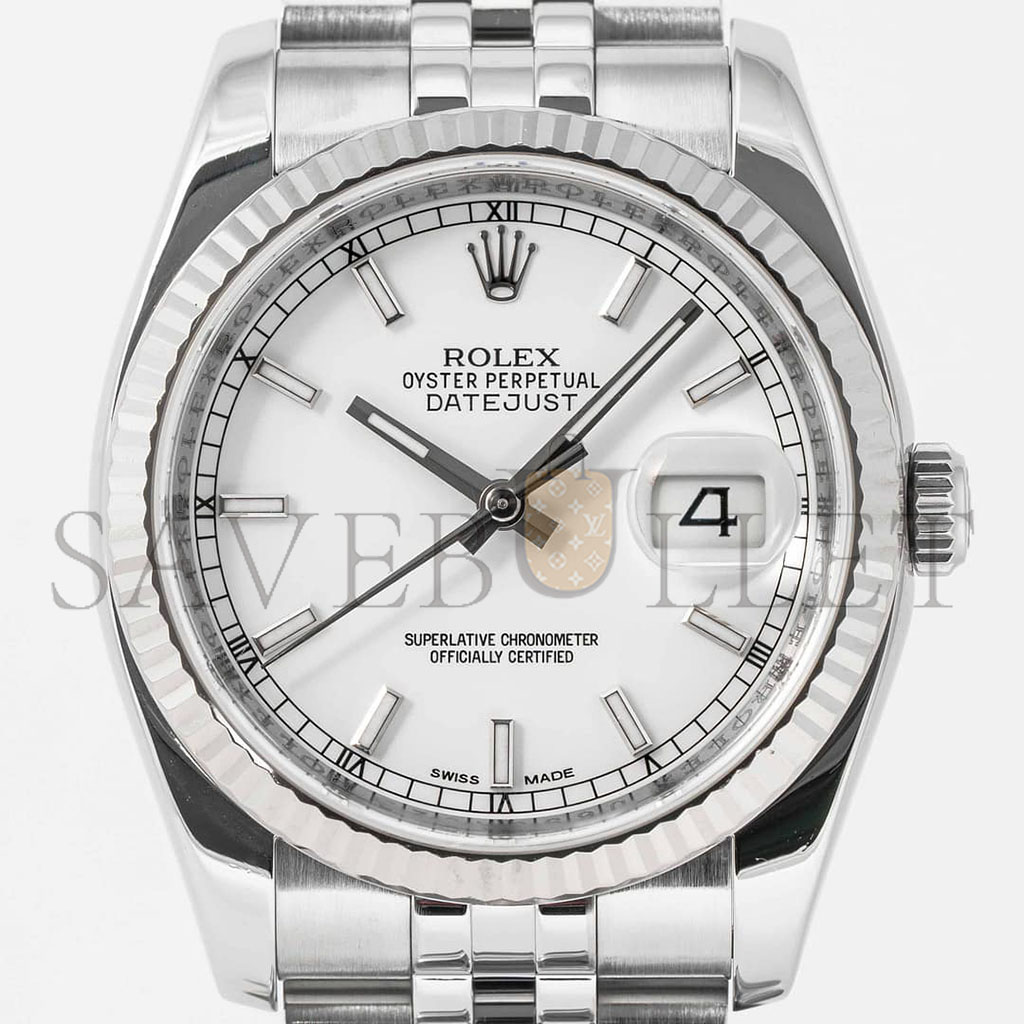 ROLEX DATEJUST WHITE INDEX 18K WHITE GOLD FLUTED BEZEL 36MM WATCH 116234